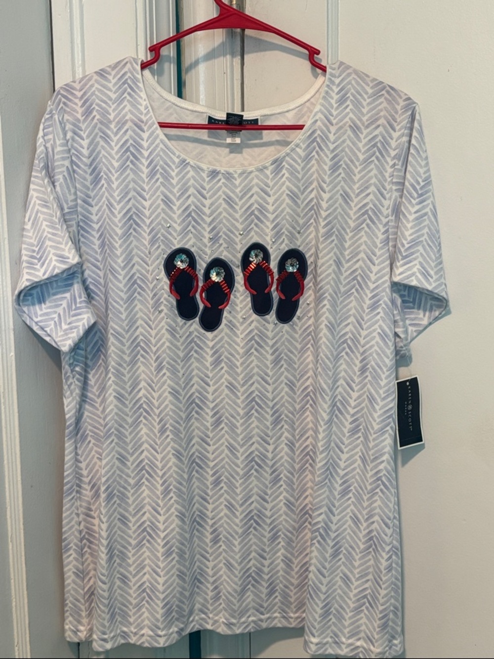 Karen Scott Light Blue Chevron Tee with Navy & Red Flip-Flop Appliques